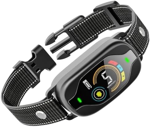 Rechargeable Bark Collar, Smart Anti Barking Device with Color Display, 25 in / 63.5 cm Reflective Nylon Strap, 5 Sensitivity Levels Dogs, Black
