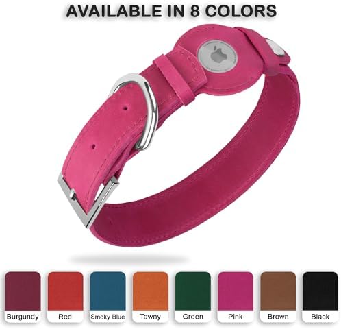 Leather Dog Collar with Airtag Holder - Apple Air Tag Dog Collars - Soft Tracking GPS Pet Collar for Small Medium Large Dogs Breed Puppy (Pink, L, 15"-19" Neck Fit)