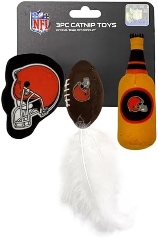 Pets First Best Plush CAT Toy - NFL Cleveland Browns Complete Set of 3 Piece Cat Toys Filled with Fresh Catnip. Includes: 1 Helmet Cat Toy, 1 Football Toy with Feathers & 1 Beer Bottle