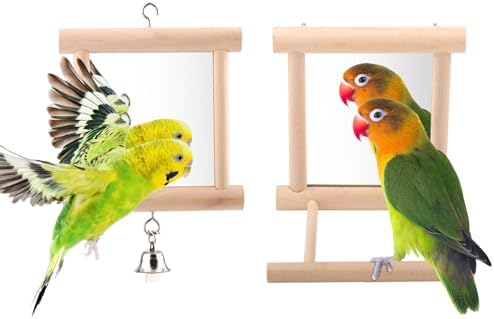 Wontee Bird Mirror for Cage Hanging Interactive Toys (Wood color-2pcs)