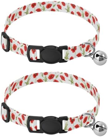 Red Poppy Flowers Green Leaf Cat Collars 2 Pack for Puppies Adjustable Length 10.6" to 17.1"