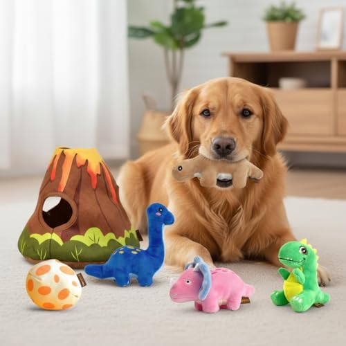 Dinosaur Squeaky Dog Toy for Large Dogs, Interactive Plush Chew Toy, Hide and Seek Design, Black, 10x2x5 Inches