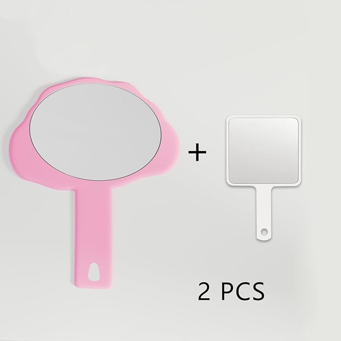 2 Pcs Handheld Mirror with Handle, Plastic Travel Makeup Handheld Cosmetic Hand Mirror for Travel, Pocket Desk Showe Barber, Gift for Your Girlfriend, for Women (Pink, 5.91" Lx 7.87" W)