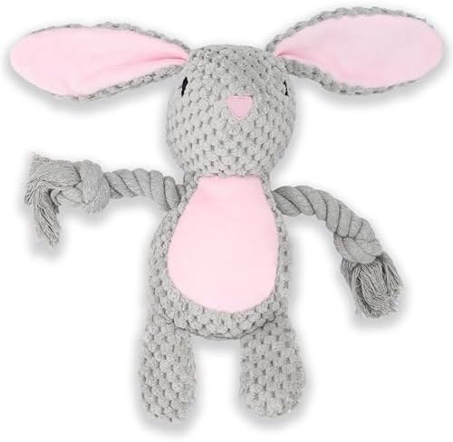 Squeaky Dog Toy Chew Plush Stuffed with Cotton Rope Crinkle Paper Soft Interactive Durable for Small Medium Large Dogs Puppy Pet Grey Rabbit