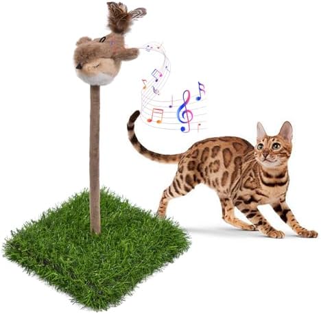 Interactive Cat Toy for Indoor Cats, Chirping Bird Cat Toy with Green Turf Base, Flying Bird Cat Toy with Real Bird Sound and Feather Tail, Cats Exercise & Kicker to Self Play