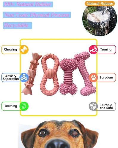 4 Pack Teething Toys Dog Durable Chew Toys Soft Rubber Toy Dog Teeth Cleaning Toothbrush Toy Cute Interactive Toys for Medium Large Breed(Medium,Pink)