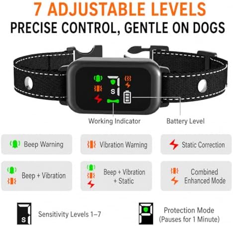 Smart Bark Collar for Large Medium Small Dogs, Anti Barking Device with 6 Training Modes, Exclusive Forced Bark-Stopping, Rechargeable IP67 Waterproof Bark Collar with 7 Sensitivity