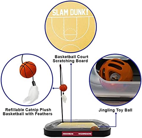 Cat Scratch Toy NCAA ARKANSAS RAZORBACKS REVERSIBLE Basketball Court Felt/Cardboard Cat Scratcher Toy. Interactive Cat Ball Bell in Tracks. 6-in-1 CAT TOY Cat Wand Poll, CATNIP-FILLED Plush Basketball