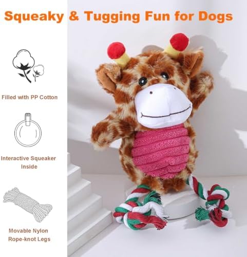 Giraffe Plush Dog Toy with Rope and Squeaker for Small Medium Dogs