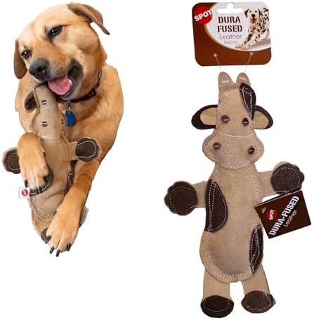 SPOT Dura-Fused Leather Barnyard Animals - Stuffed Dog Toy with Squeaker, Real Leather & Jute Fabric, for Light to Moderate Chewers, Great for Adult Dogs and Puppies - 11in, Assorted Styles, 1 Piece