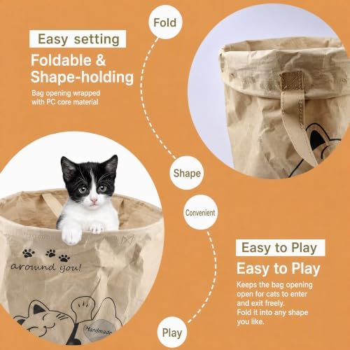 Crinkle Cat Sack,Crinkle Bag,25.6 x 19.7 Inch Large Cat Play Bag, Interactive Kraft Paper Cat Hideaway & Tunnel Toy, Foldable Cat House, Cute Room Decor (Lucky cat)