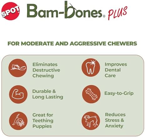 SPOT Bam-Bones PLUS Gigglers Tripod Durable Dog Chew Toy, For Large Aggressive Chewers, Bamboo Fiber & Nylon, Dual Texture, Massaging Rubber Ends, Sounds, Non-Splintering, Peanut Butter Flavor, 6 Inch