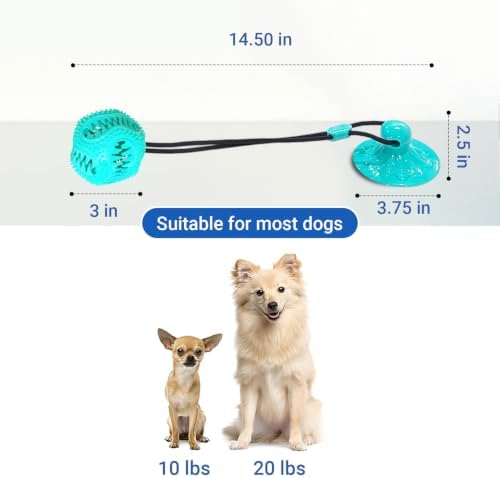 Dog Treat Food Dispensing Ball - Chew Toy with Suction Cup for Aggressive Chewers, Tug of War Toy, Stimulating Dog Activity Games for Training/Puppy Enrichment (Aqua)