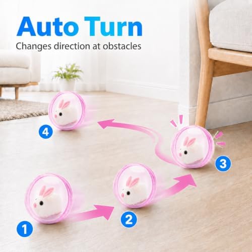 Self Rolling Interactive Cat Ball, Automatic Moving Cat Toy with Plush Animal Inside, 360° Rolling Cat Chasing Ball with Transparent Ball for Cats Dogs Small Pets (Pink,Rabbit)