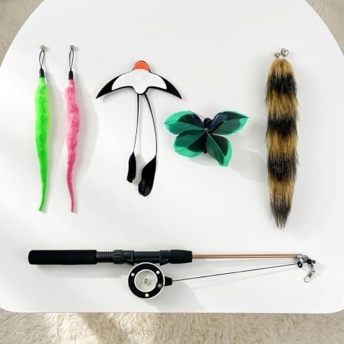 Cat Teaser Wand, 30-Inch Retractable Cat Fishing Pole Toy with 5 Replacement Teaser Toys, Fox Tail, Swallow, Butterfly and 2 Caterpillars, Interactive Indoor & Outdoor Cat Toy