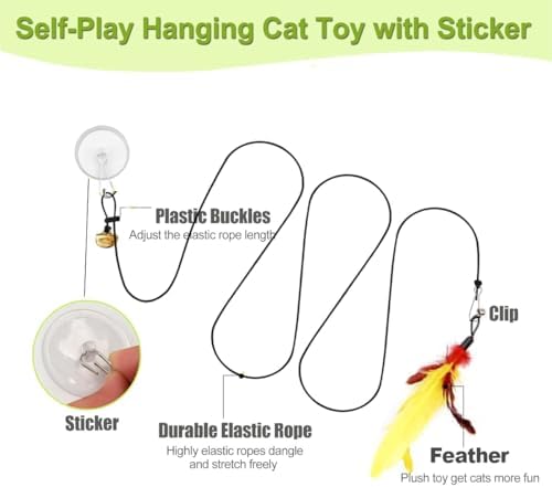 Door Hanging Cat Toys with Suction Cups, Interactive Hanging Feather & Plush Cat Toy with Bell, Assorted Replaceable Refills for Indoor Kitten Hunting Exercise & Boredom Relief (Feather)