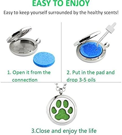 Aromatherapy Essential Oil Diffuser Stainless Steel 30MM Silver Magnetic Locket Pendant with Chain Necklace and Colored Refill Pads & Diffuser Bracelet All in a Velvet Bag (Dog Paw)