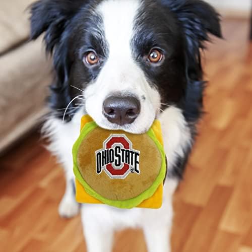NCAA OHIO STATE BUCKEYES CHEESE BURGER PLUSH DOG & CAT SQUEAK TOY - Cutest STADIUM HAMBERGER SNACK Plush Toy for DOGS & CATS with INNER SQUEAKER & Beautiful Football/Basketball Team Name/Logo