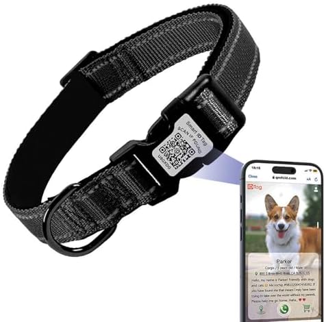 Apple Air Tag Compatible Anti-Lost Dog Collar with Scannable QR Code ID Tag | Reflective Safety | Comfort Fit & Adjustable | Durable Nylon for XXS to XL Dogs (Black, S)