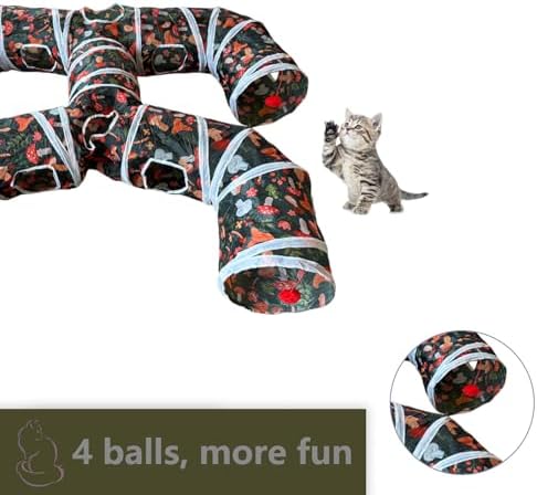 Foldable H-Shaped Cat Tunnel Toy with Interactive Playing Balls - 4 Exits for Cats, Kittens, Rabbits & Small Pets Collapsible Play Tube for Indoor Fun & Exercise
