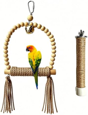 Natural Wood Bird Swing Toy with Hemp Rope Perch for Small Parrots