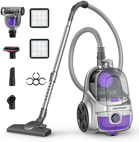 Aspiron Canister Vacuum, Upgraded 1600W Bagless Canister Vacuum Cleaner | Auto Cord Rewind, H13 HEPA Filter, 4Qt Large Capacity, 5 Tools for Hard Floors, Carpet, Pet, Upholstery, Tiles, Wineberry