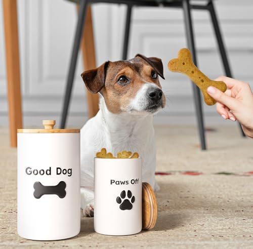 Dog Treat Container Airtight Set of 2, 9x5 & 7x4 inch Ceramic Jars. 11 Cups