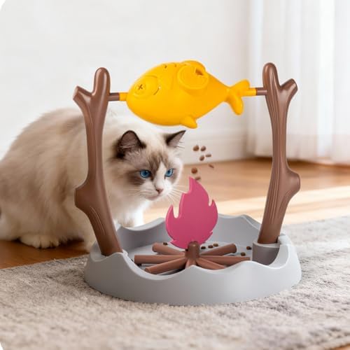 Cat Puzzle Feeder Toy, Campfire Treat Slow Feeder, Interactive Cat Toys, 3 Different Feeding Ports, Pets Dry Food Dispenser for Indoor Cats Kitty Dogs Puppy (Grey)