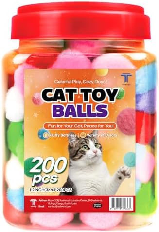 200Pcs Cat Toy Plush Balls - 1.2" Soft Pom Poms in Jar for Indoor Cats