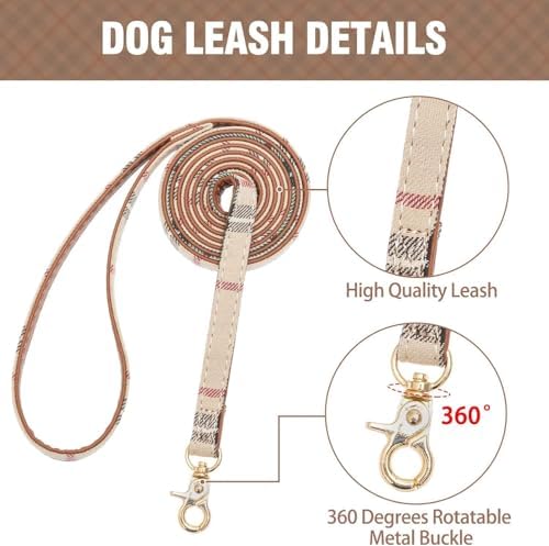 KOOLTAIL Small Dog Collar and Leash Set with Bowtie and Bells - Cute Puppy Bandana Collar and Leash with Classic Plaid Pattern, Soft Leather Tangle Free Leashes for Small Boys Girls Dogs,Cats,Beige XS