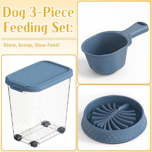 DRATO Pet Food Storage Container with Sealed Lid, Transparent Large Capacity Resin Bin for Dry Food, Treats, and Supplies, Includes Measuring Cup and Slow-Feed Bowl