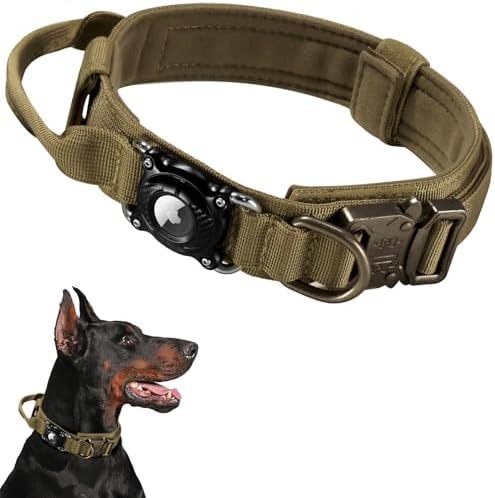 Personalized Tactical Dog Collar with Waterproof airtag Holder & Name Phone Number, Heavy Duty Nylon Military Dog Collar with Strong Metal Buckle for Medium and Large Dogs(Khaki,M)