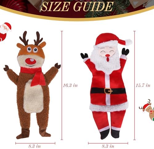 PAWCHIE Christmas Squeaky Dog Toys for Small Medium Large Dogs, No Stuffing Crinkle Puppy Toys, Soft Pet Plush Teething Toys 2 Packs Chew Toys Santa Claus Reindeer Shape for Boredom