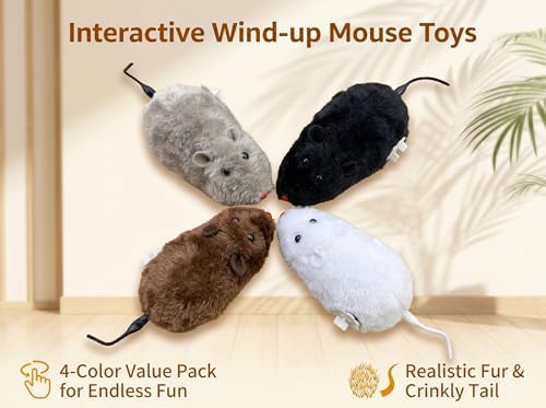 4 Pcs Wind Up Cat Toy Mouse - Self-Moving Furry Mice with Realistic Tails, Interactive Chase Toys for Indoor Cats & Kittens, Exercise Mice for Boredom Busting