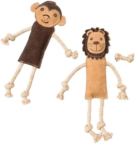 Dura-Fused Leather Jungle Animals Dog Toy, Squeaky with Rope Limbs, Real Leather and Jute, 14 Inch, Assorted Styles, 2 Pack