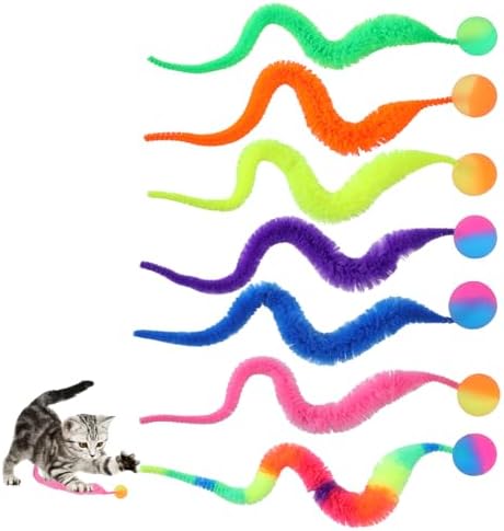 7pcs Worm Cat Toy,Nerf Cats Ball with Worm,Cat Toy Fuzzy Worms with Ball, Durable Cats Balls Toys with Soft Rope Tail,Interactive Colorful Fuzzy Balls for Pet Party Favors,Rainbow Colors