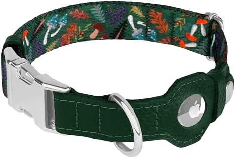 AirTag Dog Collar for Small Medium Large Breed - Adjustable Cute Pattern Dog Collar with Airtag Holder - Soft Leather Tracker GPS Apple Air Tag Pet Collars (Large, 17"-21" Neck Fit, Mushroom)