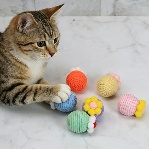 Cat Balls Toys for Indoor Cats, 6 Pcs Interactive Rope Chew Toy Balls with Crinkle Sound, 2-Inch Colorful Rope Ball for Kittens & Adult Cats, Chasing Play and Dental Health