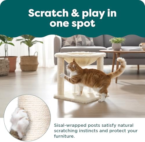 FurHaven 17.3" Tall Cat Scratching Post Tower for Indoor Cats, Sisal Cat Tree, Tiger Tough Hammock Interactive Playground, Toys & Perches for Cats, Sisal, Cream