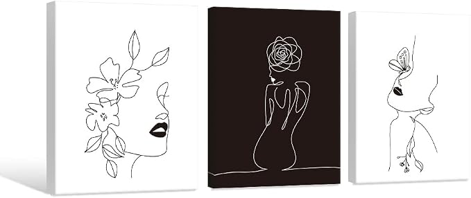 Chadow Artwork Minimalist Line Art Prints Set of 3 Abstract Women Faces Flower Wall Art Black and White Line Drawing Painting Modern Aesthetic Poster for Girls Bedroom Bathroom Living Room Decor