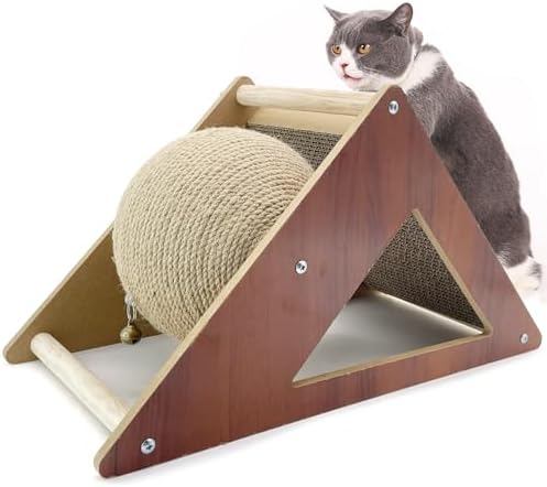 Fhiny Cat Scratcher Toy with Sisal Ball, 2-in-1 Rope Ball with Bell & Cardboard Cats Scratching Interactive Solid Wood Durable Scratch for Indoor Kitties Wear-Resistant Furniture Supplies