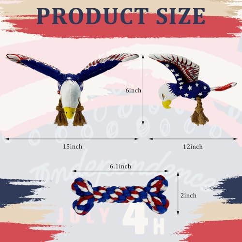 3 pcs Independence Day Pet Squeaky Toys, Dog Squeaky Toys 4th of July Puppy Toy Independence Day Pet Plush Bald Eagle Toy with Crumpled Paper Squeaky Dog Interactive Toy