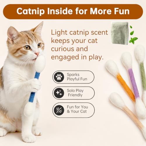12 PC Giant Cotton Swab Catnip Toys,Cat Q Tip Toy,Felt Interactive Kicker Chew Toys for Kittens & Indoor Cats, Soft Teething Toy with Organic Catnip, Eases Anxiety & Boredom, Cat Lover Gift (Mix D)