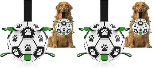 QDAN Large Dog Toys, 8 Inch Soccer Ball for Dogs with Straps, World Cup Interactive Toys for Tug of War, Puppy Birthday Gifts, Water Toy, Durable Dog Balls for Medium Large (Pack of 2)