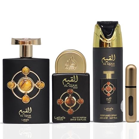 Lattafa Pride - Al Qiam Gold for Men - 3 Pc Gift Set 3.4oz EDP Spray, 6.67oz Perfumed Body Spray, 0.67oz EDP Spray