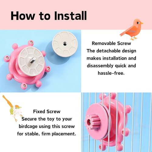 Spinning Bird-Toys Bird Cage Toys & Bird Perch Parrot-Parakeet Budgie Cockatiel Conure Macaw Chicken Parrot Enrichment Cage Accessories Small Animal Chewing Toy (Pink Wheel)