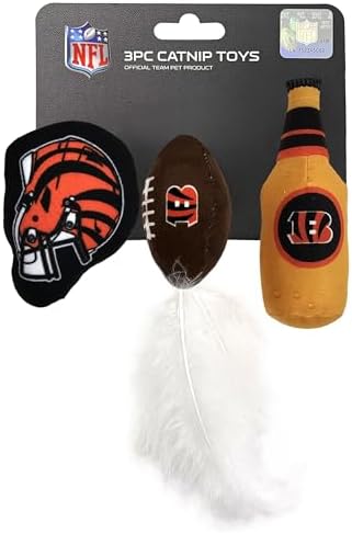Best Plush CAT Toy - NFL Cincinnati Bengals Complete Set of 3 Piece Cat Toys Filled with Fresh Catnip. Includes: 1 Helmet Cat Toy, 1 Football Cat Toy with Feathers & 1 Beer Bottle.