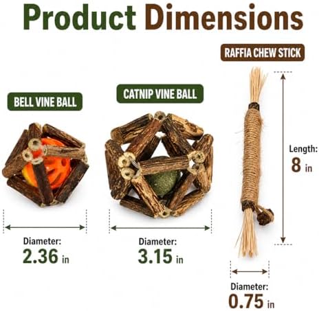 3-in-1 Cat Toy Set with Silvervine Stick Balls, Catnip Vine Ball & Raffia Chew Stick, Interactive Natural Chew Toys for Indoor Cats, Kitten Teething, Batting, Chasing, Licking, Daily Enrichment Play