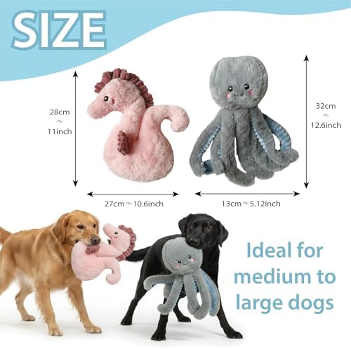 PetLike Plush Sea Animals Toys with Squeaker and Rope,Interactive and Adorable Dog Chew Toys for Medium Large Dogs Biting Training Teething (Pink Seahorse+Grey Octopus)
