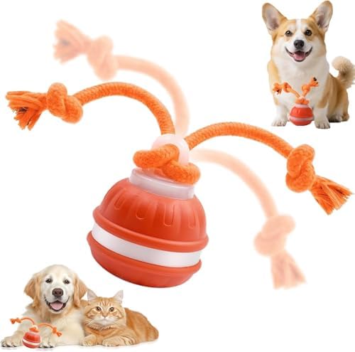 Interactive Dog Toys, Automatic Rolling Ball, Squeak Dog Toys for Boredom Interactive, Touch Activated, Dog Ball Chew Toy with Fun Rope for Small/Medium Dog Cat Indoor/Outdoor (Orange)